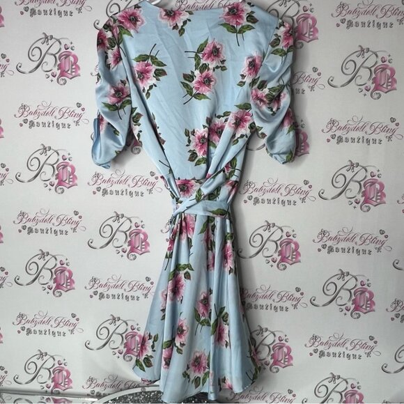 Design lab dress baby blue flowers Floral Wrap Dress with Puff Sleeves - Picture 2 of 5